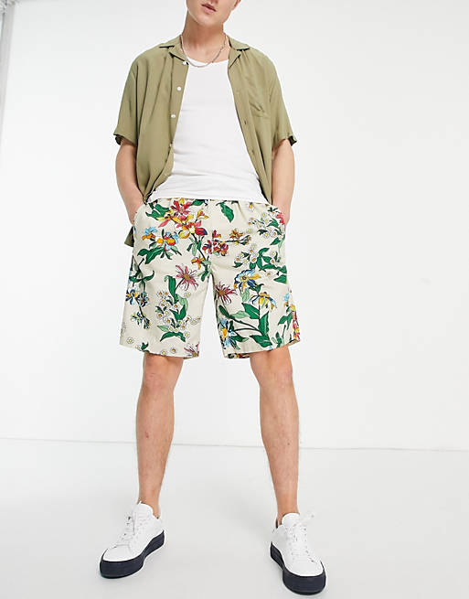 Tommy Jeans linen blend allover floral print shorts in beige