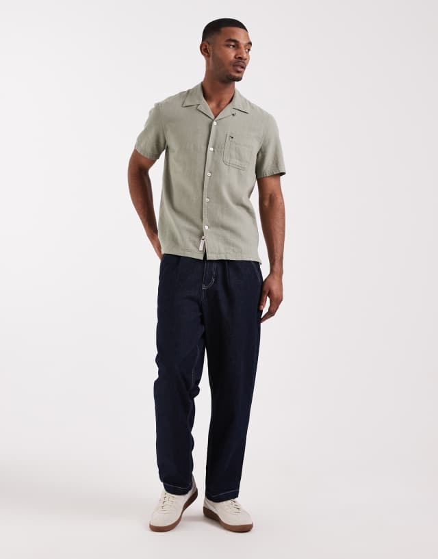 grey dress shirt with khaki pants Tommy Jeans linen blend camp collar short sleeve in Ecom Style:AP1E211978
