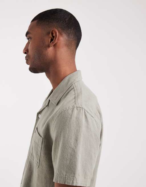 Tommy Jeans linen blend camp collar short sleeve shirt in khaki, 4 of 5