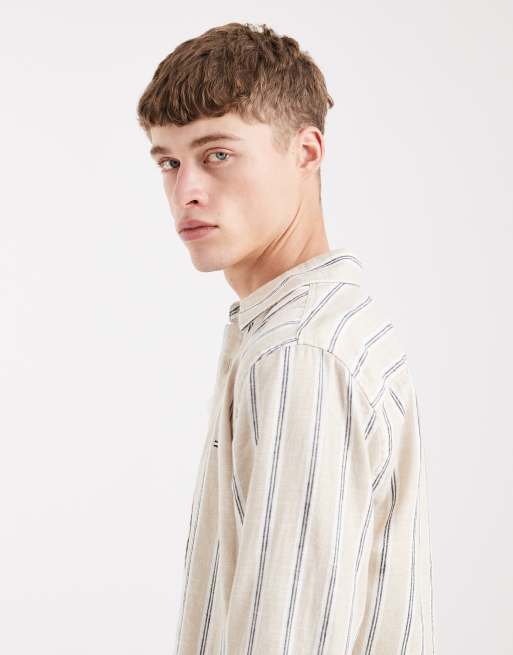 Tommy Jeans linen blend shirt in brown stripe, 4 of 5