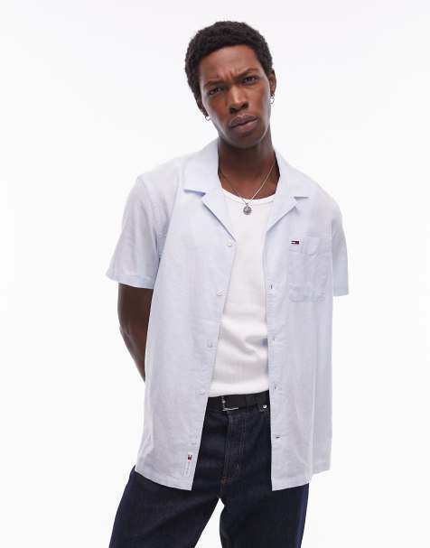 Tommy Jeans linen mix button shirt in light blue - view 1