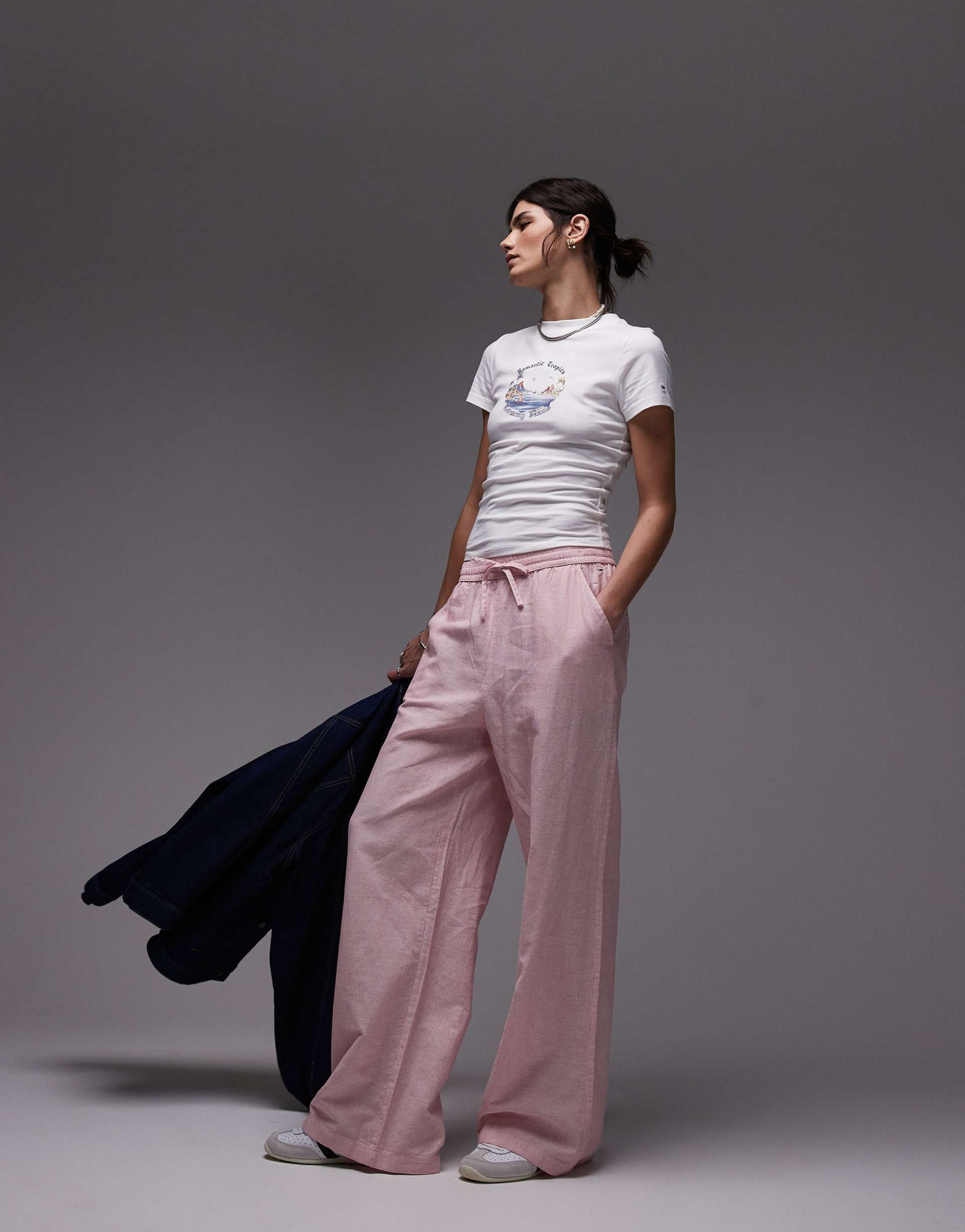 tommy jeans linen mix wide leg pants in pink and white stripe