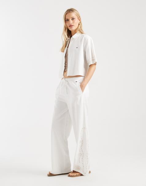 Tommy Jeans linen trousers co-ord with broderie detail in cream - view 1