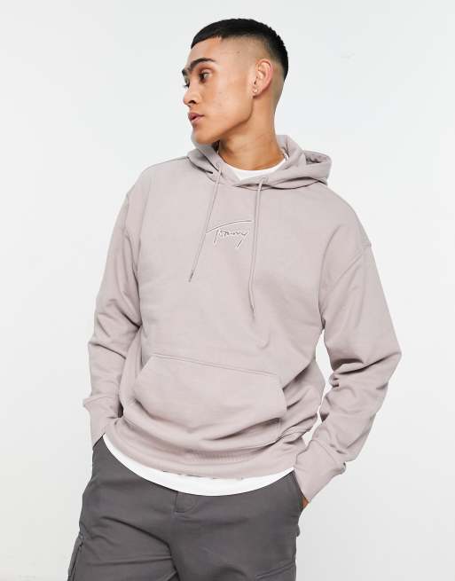 Tommy Jeans – Locker geschnittener Baumwoll-Kapuzenpullover in Stein mit Schriftzug-Logo