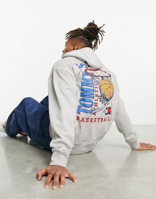 Tommy Jeans cotton relaxed fit basketball back logo hoodie  in grey marl - GREY - ASOS Price Checker