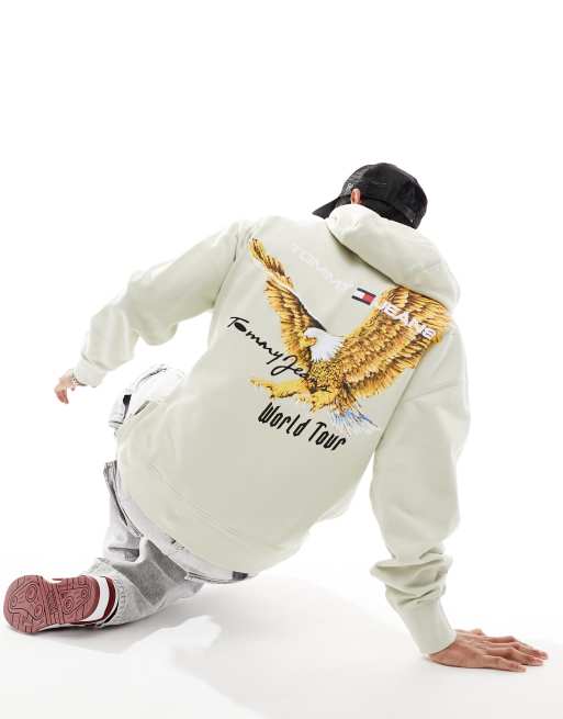 Tommy Jeans – Locker geschnittener Kapuzenpullover in Beige mit Vintage-Adler-Logo