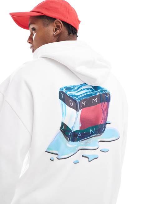 Tommy Jeans – Locker geschnittener Kapuzenpullover in Weiß mit Grafikdruck hinten