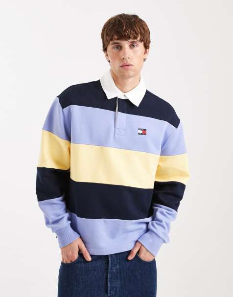 Tommy Jeans – Locker geschnittenes Rugby-Sweatshirt in Marineblau/Flieder/Gelb gestreift - view 1