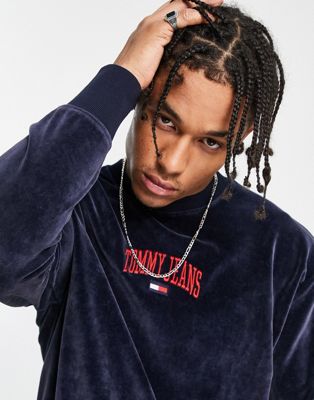 Tommy Jeans relaxed fit collegiate logo velour sweatshirt in navy - ASOS Price Checker