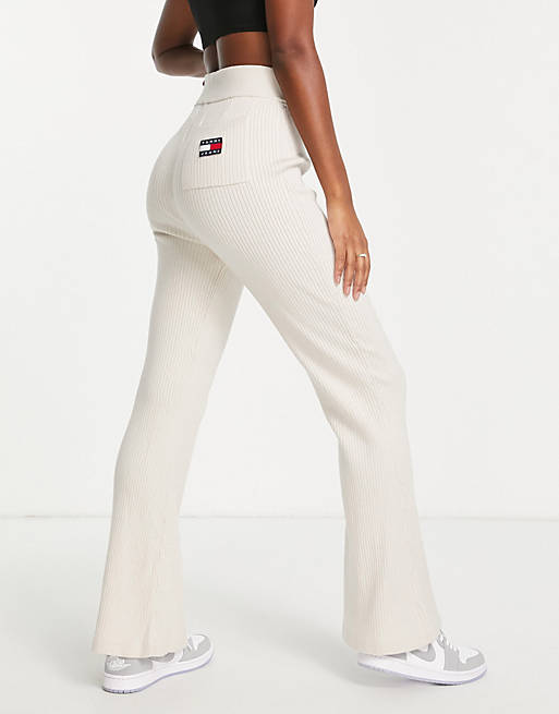 Tommy Jeans logo badge ribbed wide leg pants in stone | ASOS