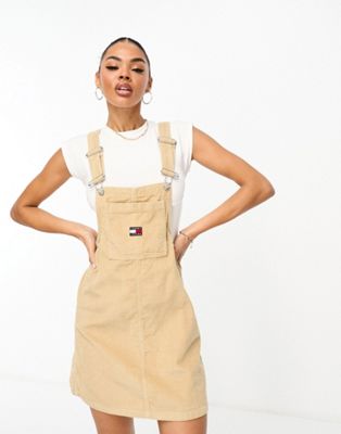 Tommy Jeans logo corduroy pinafore dress in sand