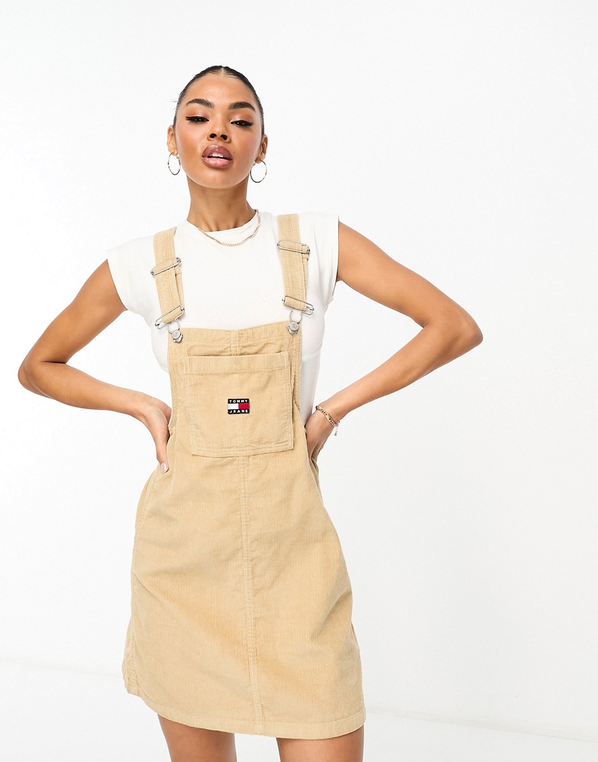 Tommy Jeans logo corduroy pinafore dress in sand-Neutral