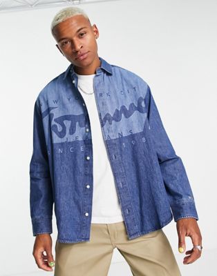 Tommy Jeans logo cotton blend denim long sleeve shirt - MBLUE