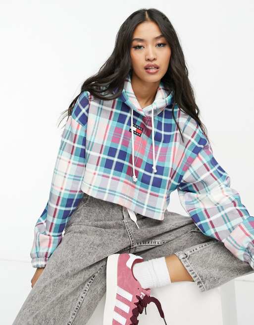 Tommy Jeans logo crop hoodie in tartan