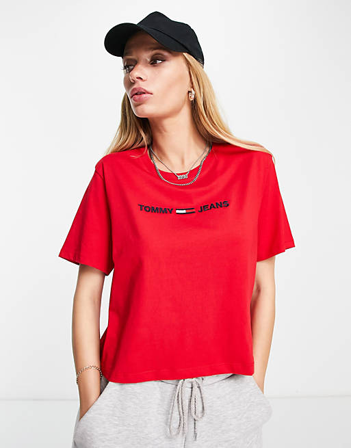 Tommy Jeans logo crop t-shirt in red | ASOS