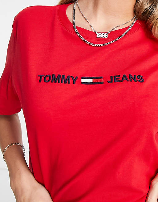 Tommy Jeans logo crop t-shirt in red | ASOS