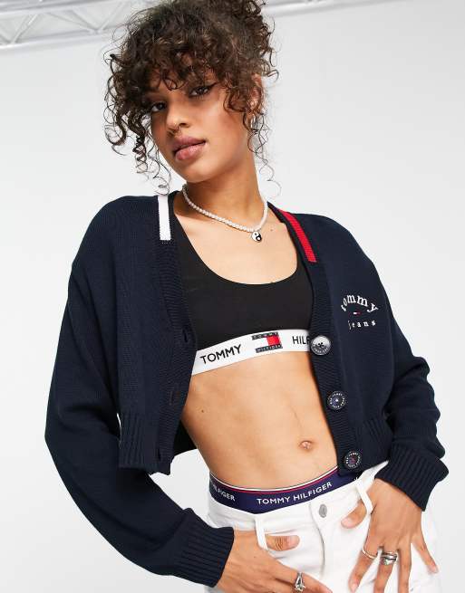 dok i gang samtale Tommy Jeans logo cropped oversized cardigan in navy | ASOS