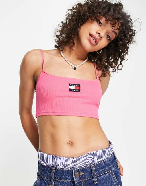 Tommy Jeans logo cropped rib cami top in pink