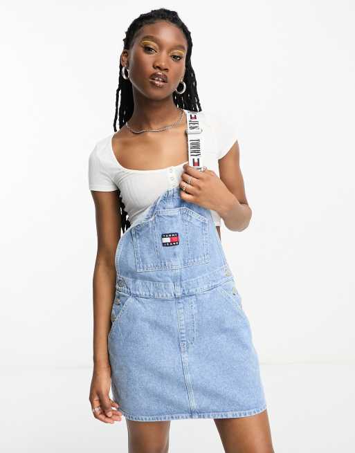 Tommy Jeans logo detail denim dungaree dress in blue ASOS