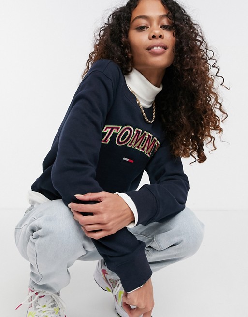 Tommy Jeans logo front collegiate jumper in blue
