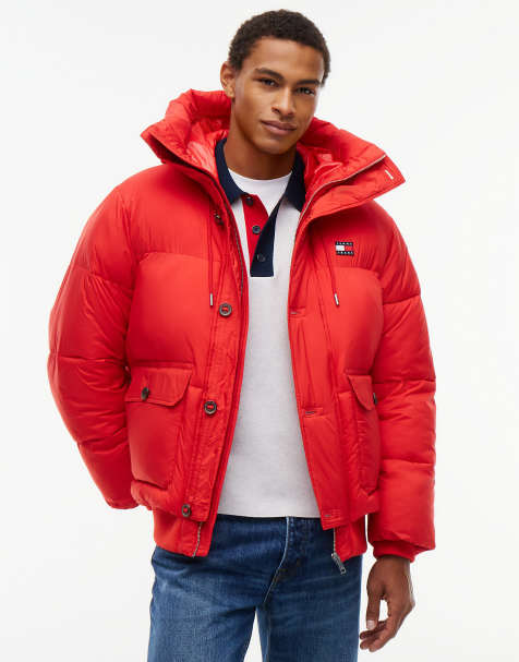 Tommy Jeans Logo hooded relaxed puffer jacket in scarlet flare - view 1