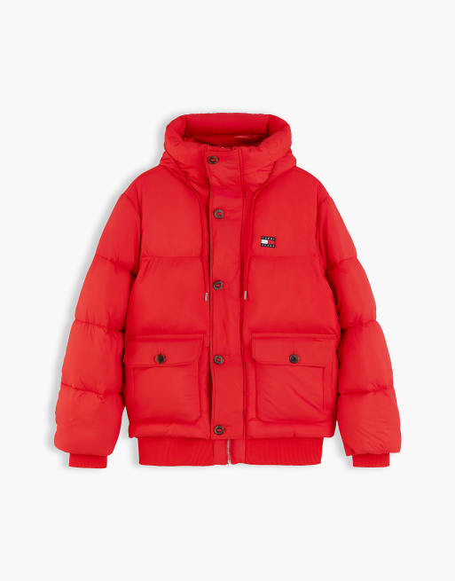 Tommy Jeans Logo hooded relaxed puffer jacket in scarlet flare, 6 of 7