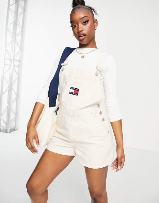 Tommy Jeans logo overall shorts in white