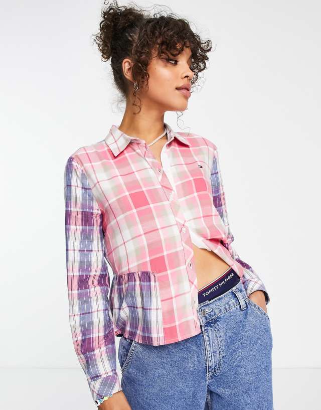 Tommy Jeans logo plaid peplum shirt in multi