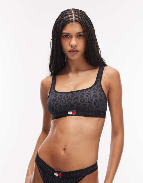 Tommy Jeans logo print bralette bikini top in black 