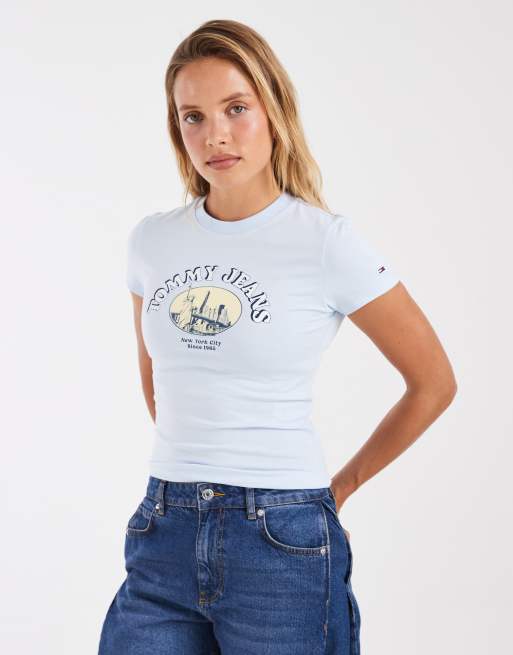 Tommy Jeans logo print slim fit T-shirt in light blue, 4 of 4