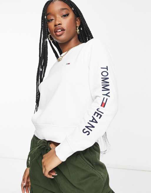 Tommy Jeans logo sleeve sweatshirt in white ASOS