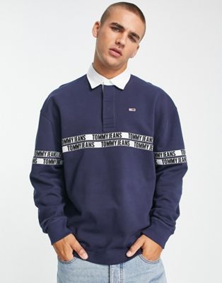 Tommy Jeans logo tape rugby polo shirt in navy