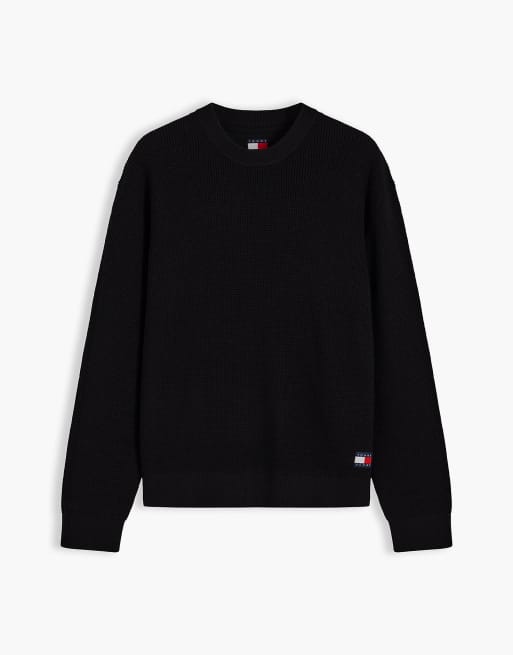 Tommy Jeans Logo waffle knit crew neck jumper in black, 5 of 6