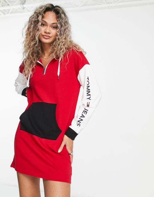 Tommy Jeans logo zip hoodie mini sweater dress in red color block