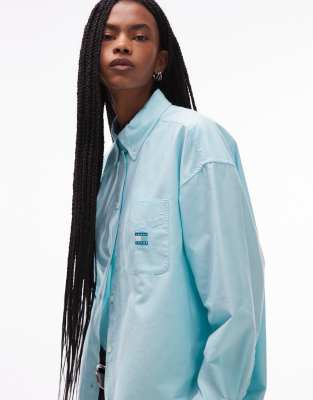 Tommy Jeans Long Sleeve Oversized Oxford Logo Shirt In Blue