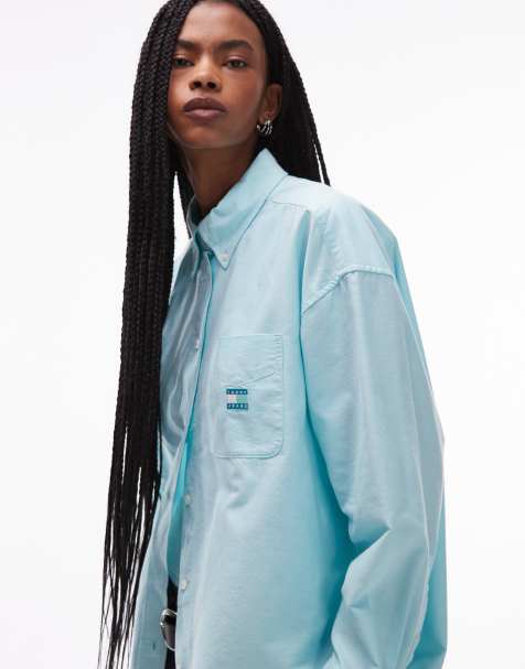 Tommy Jeans long sleeve oversized oxford logo shirt in bright blue - view 1