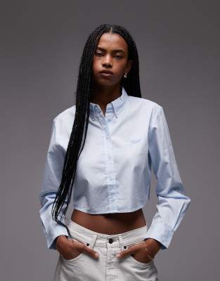 Tommy Jeans Long Sleeve Regular Fit Cropped Poplin Shirt In Blue