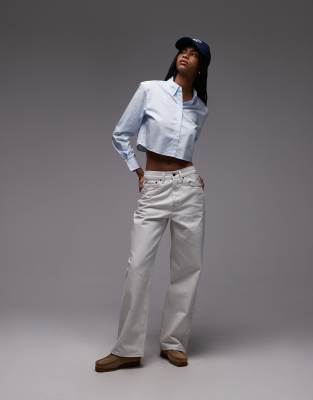 Tommy Jeans Long Sleeve Regular Fit Cropped Poplin Shirt In Blue