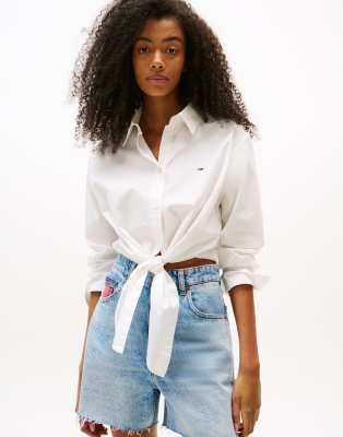 Tommy Jeans Long Sleeve Tie Front Logo Shirt In White