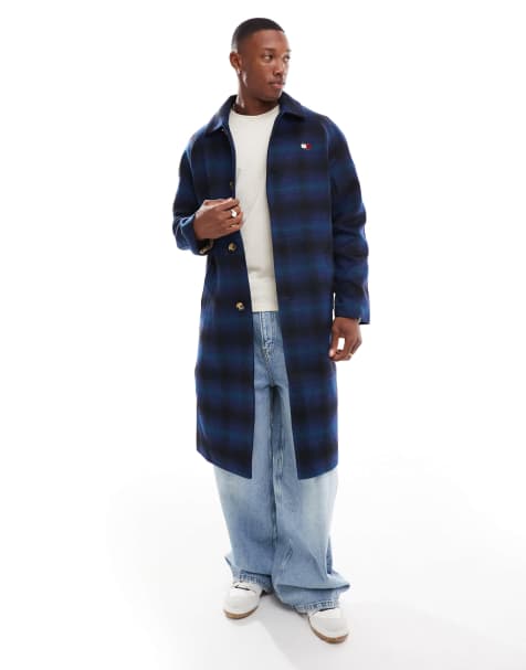 Tommy Jeans long wool coat in navy check - view 1