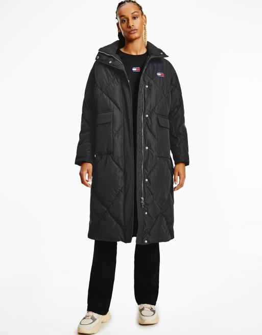 Only longline padded hooded coat in black