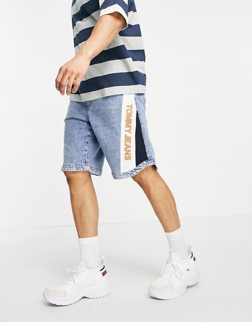 Tommy Jeans loose fit mixed fabric side logo denim baskball shorts in shane light wash
