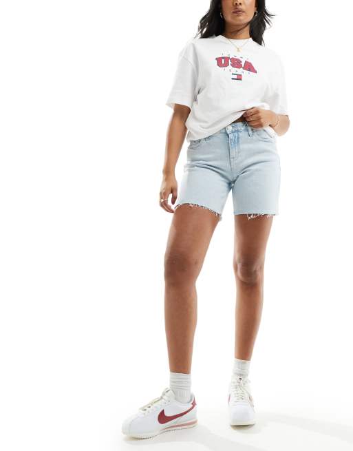 Tommy Jeans Maddie mid rise denim shorts in light wash | ASOS