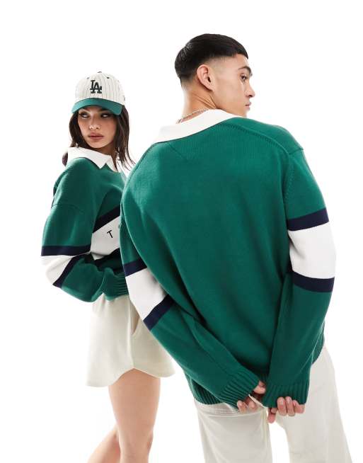 Tommy Jeans - Maglia stile rugby unisex verde comoda con colletto aperto, 4 di 4