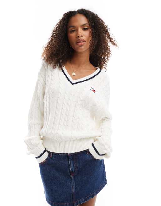 Tommy Jeans Maglione a trecce bianco con bordi blu navy e scollo