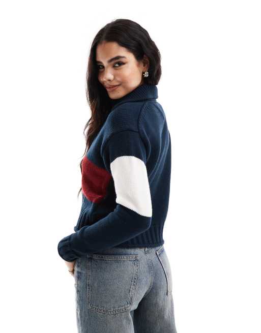 Tommy Jeans - Maglione blu navy con logo con bandiera e colletto polo, 3 di 4