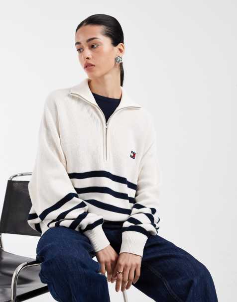Tommy Jeans - Maglione color crema a righe con zip corta - view 1