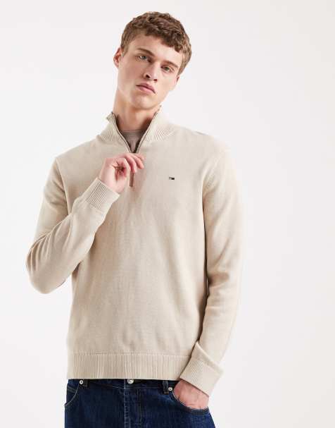 Tommy Jeans - Maglione color sabbia con zip corta e logo sul petto - view 1
