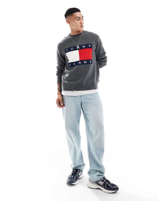 Tommy Jeans - Maglione grigio mélange con logo a bandiera grande, 4 di 4