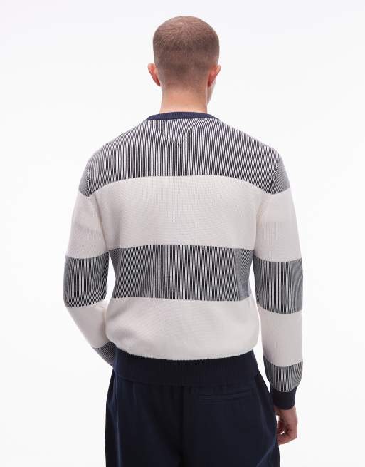 Tommy Jeans - Maglione lavorato a nido d'ape grigio e bianco a righe, 3 di 5